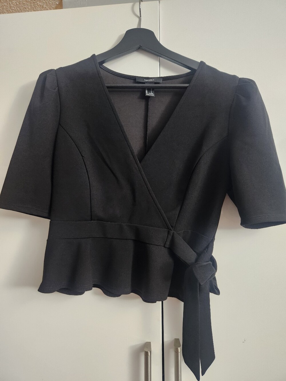Forever 21 Black Wrap Peplum Blouse with Tie